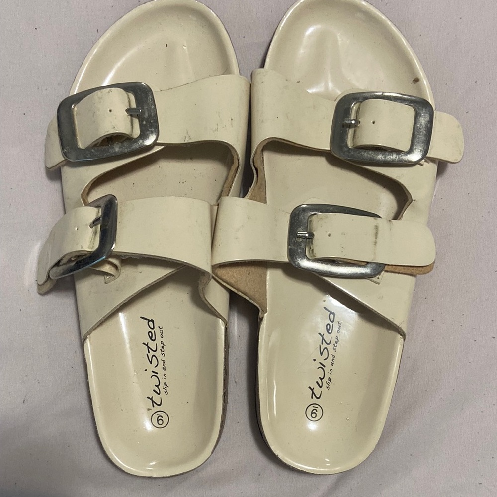 Twisted Cream Sandals with Silver Buckles